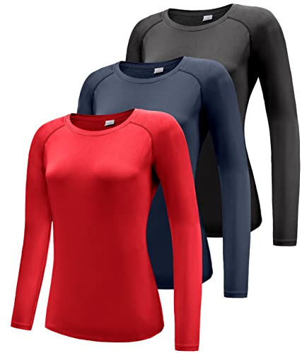 Damen 3er Pack Langarmshirt T-Shirts, UPF 50+ Sonnenschutz Schnelltrocknend Funktionsshirt Laufshirts, Atmungsaktiv Langarm Sportshirt Gym Yoga Top Workout Fitness Oberteil Black/Navy/Red 3P02-M