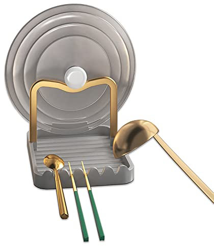 STARRY G Cooking Spoon Rest with Lid Holder, Kitchen Utensil Rest with Drip Pad, Heat-Resistant Pot Lid Stand Holder, Countertop Organiser Rack for Ladles, Tongs, Spatula, Simple Flatware Rack - G&G