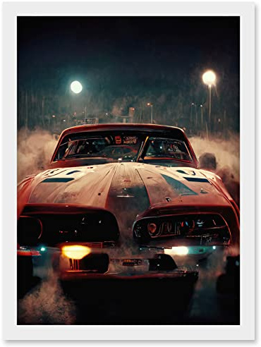 Doppelganger33 LTD Classic Sports Car Muscle Cinematic Night Atmospheric Race In Fog Artwork Framed Wall Art Print A4