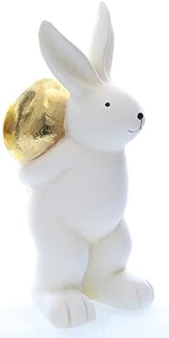 ETC putziger frühlingshafter Osterhase Keramik weiß matt mit goldenem Osterei (weiß Ei hinten)