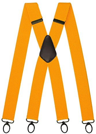 Olata Breite und Robuste X-förmige Hosenträger mit Karabinerhaken – 4 cm breit, Verstellbar, Unisex, Ideal für Arbeit und Alltag. Gelb (Schwarz Clips)