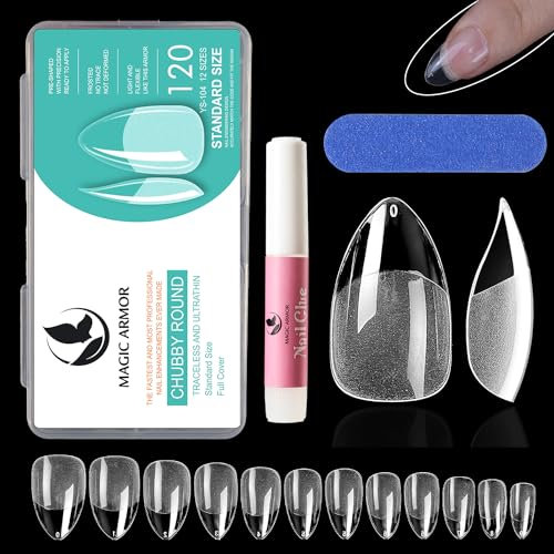 Kurze Mandel Nagelspitzen MAGIC ARMOR 120 Stück Künstliche Nägel mit kleber Set, Mittelgroß Nägel für Aufdrücken auf Nägel, Weiche Gel Nagelspitze leicht zu formen Leicht zu tragen für Anfänger Salon