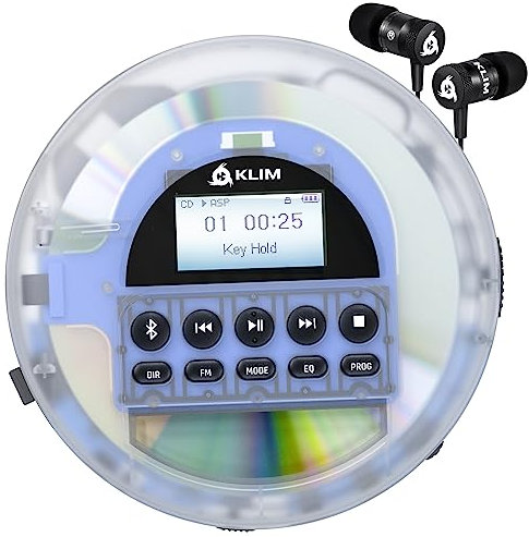 KLIM Nomad Tragbarer CD-Player Discman mit langlebigem Akku - mit KLIM Fusion Kopfhörer - TF-Reader, Radio FM, Bluetooth - Transparent Weiß (Generalüberholt)