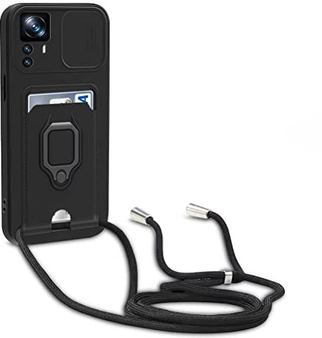 yanasuo Protección de Cámara Funda Compatible con Xiaomi Mi 12T/Mi 12T Pro, con Anillo Soporte, Ajustable Collar Correa de Cuello Cordón Carcasa de Silicona-Negro
