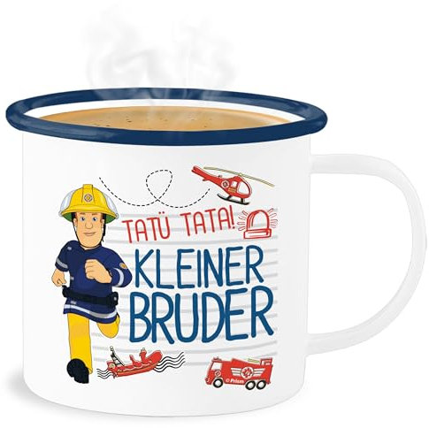 Emaille Becher Blechbecher - Feuerwehrmann Sam Tasse - Tatü Tata! - Kleiner Bruder - 300 ml - Weiß Blau - feuerwehrtasse feuerwerhman tata feuerwhrmann feuetwehrmann feuwehrman fwuerwehrmann der