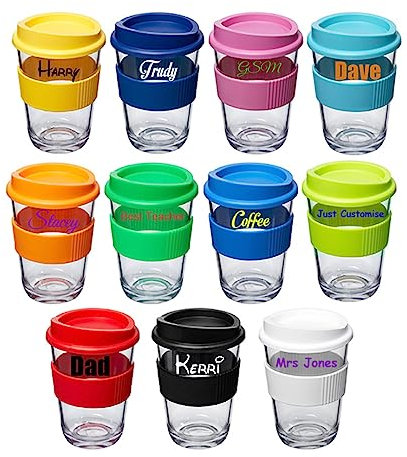 Personalised Custom Travel Mug Drink Bottle with Silicone Lid Glass-Like Apearance - Any Name, Word, Business, Sports, School, Promotional Merchandise Teacher Gift