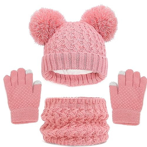 Baynetin Kinder Wintermütze Schal Handschuhe Mädchen Set,Winter Beanie Hut, Schal, Handschuhe Set, Warme Beanie Hut Jungen Touchscreen Handschuhe Runder Schal für Kinder 2-8 Jahre