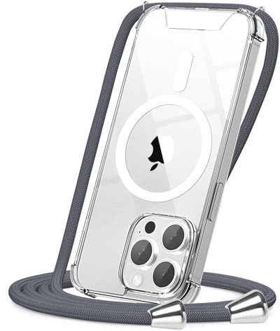 CAROKI Crossbody Lanyard Case for iPhone 13 Pro Max 6.7 inch, Magnetic Case Compatible with MagSafe Transparent Slim PC + TPU Clear Phone Case Cover with Lanyard Strap for iPhone 13 Pro Max-Grey
