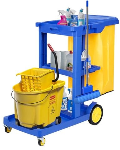 mosegor Commercial Cleaning Trolley Janitor-Housekeeping Cart on Wheels Vinyl Bag and Lid 3 Shelves Multipurpose Janitorial cart Heavy Duty Cleaning Utility Service for Catering Mall Hotel Office