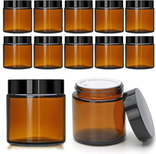 Lot de 12 petits bocaux en verre ambré avec couvercles noirs, 118 ml - Petits bocaux vides en verre avec doublure intérieure - Récipient rond pour échantillons de crème, lotion, pommades