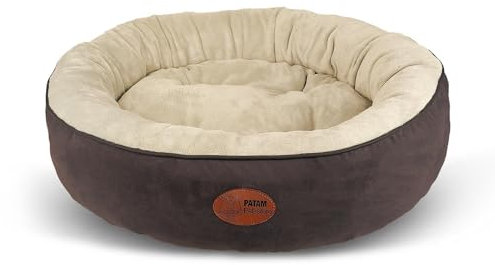 PATAM Hundebett für Hunde und Katzen, rund, mit gepolsterten Kanten, universell für alle Jahreszeiten, rutschfest, abnehmbar, maschinenwaschbar – Fufi Beige, Large 71 cm