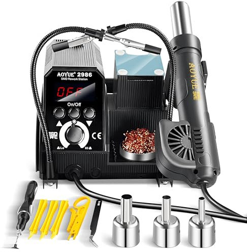 Aoyue 2986 Heißluft-Nacharbeitsstation Kit 500 W mit 2 helfenden Händen, 3 Düsen, Pistolenhalter, Lötspulenhalter, Metallkomponentenablage, Pinzette, Vakuum-Aufnahmewerkzeug