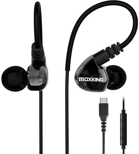 MOXKING USB C Running Sports Earbud, Typ C Kopfhörer verkabelt Over Ear In Ear Headsets Enhanced Bass Stereo Ohrhörer mit Mikrofon und Fernbedienung für Running Jogging Gym (Black-TypeC)