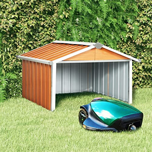 Chaduof Rasenmäher Garage, Mähroboter Garage, Garage Für Mähroboter, Überdachung Für Mähroboter, Unterstand Überdachung, Mähroboter Haus, 92x97x63 cm Verzinkter Stahl Braun