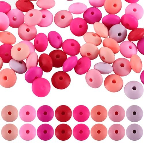 SUNNYCLUE 96Pcs 12mm Pink Silicone Oval Beads for Beaded Pens Keychain Making Kit Valentine's Day Bracelet Craft Supplies