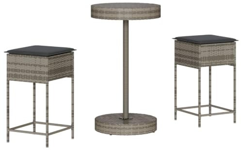 vidaXL Gartenbar Set 3-TLG., Gartenmöbel mit Kissen, Bartisch Stehtisch Barhocker Barstuhl, Theke Bar Tresen Gartentheke Sitzgruppe, Grau Poly Rattan