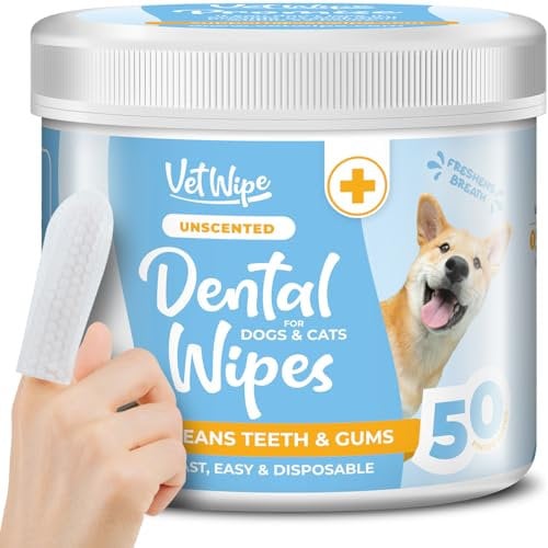 VetWipe Dog Teeth Cleaning Finger Wipes - Easy Dog Dental Care Toothbrush and Tooth Brushing Kit, Freshen Bad Breath, Reduces Plaque - 50 Count