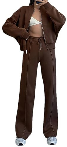 amropi Tuta da Donna Giacca con Cerniera e Pantaloni Jogging Tute 2 Pezzi Sportivo Completo caffè, S