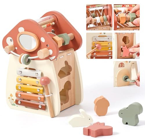 Mamimami Home Motorikspielzeug Pilzspielzeug aus Holz 5 in 1, Montessori-Spielzeug für Kinder,Motorikwürfel ab 1 Jahr, Baby Lernspielzeug, Holz Spielzeug ab 1 Jahr, Activity Center Baby