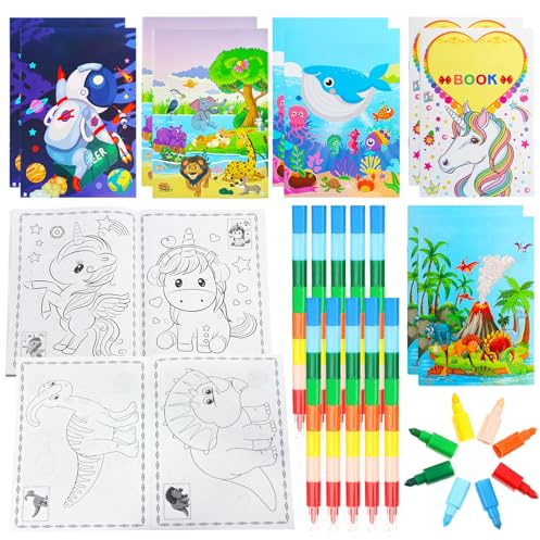 10 Mini Malbücher für Kinder und 10 Wachsmalstifte Stapelbar, Mini Malbuch Kinder Mitgebsel, Kleine Malbücher für Kinder Mitgebsel Kindergeburtstag, Abschiedsgeschenk Kindergarten, Gastgeschenke