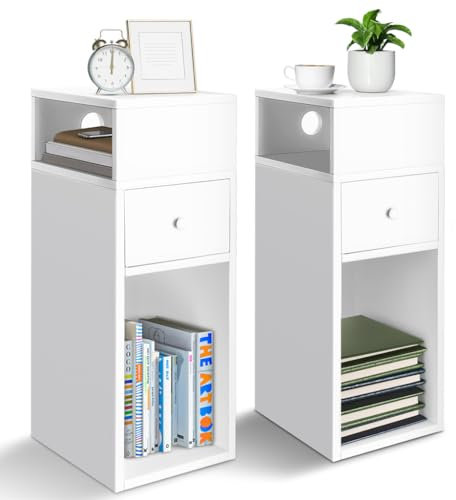 VOUNOT® Nachttisch 2er Set, Schmal, Beistelltisch mit 2 offenem Fach & 1 Schublade, Modern Nachtschrank, Nachtkästchen für Schlafzimmer, Wohnzimmer, 25x30x66cm Weiß