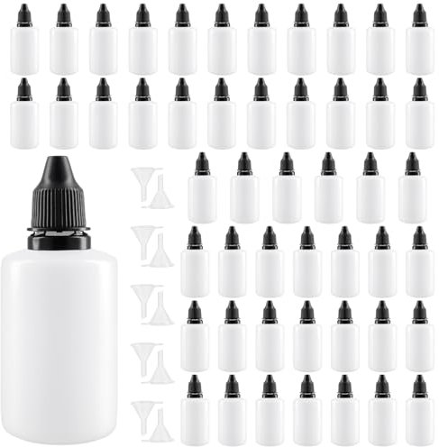 MUKSEUT 50 Pack 50ml Dropper Bottle, Plastic Bottles with Lids and 10 Funnel, Squeezable Drop Bottle, Empty Dropper Bottles for Essential Oil Paint Liquid Sample