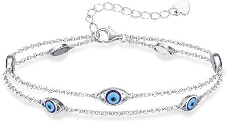 Seiyang Fußkettchen mit bösem Blick 925 Sterling Silber Verstellbares Mehrlagiges Fußkettchen mit bösem Blick türkischer Schutzschmuck mit blauen Augen für Frauen und Töchter
