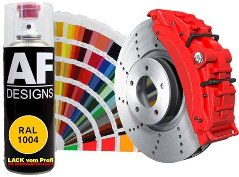 Alex Flittner Designs 2K Bremssattellack RAL Spraydose hitzebeständig 300° Bremssattelfarbe Hochwertiger Lack für Bremssättel, Bremsen und Autozubehör - 400 ml (RAL1004 GOLDGELB)