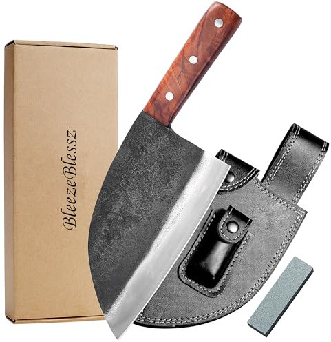 BleezeBlessz Kochmesser Hackmesser Handgeschmiedetes serbisches Küchenmesser aus Kohlenstoffstahl mit Lederscheide für Draussen-Camping-Kochen…