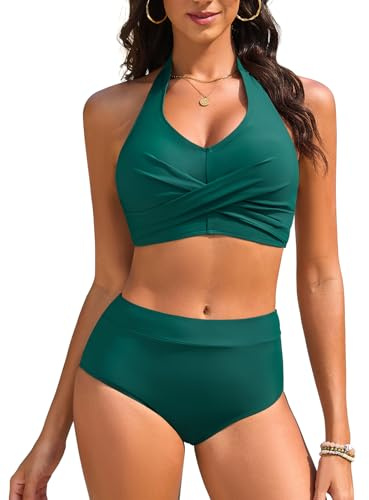 Nadeer Conjuntos de Bikinis Cintura Alta Traje de Baño Mujer 2 Piezas Halter Cuello en V Sexy Push Up Ropa de Baño Talla Grande Playa Piscina Fiesta Vacaciones(Cian,M)