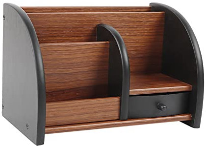 NoneDanGee Dunkelbraun Büro Holz Schreibtisch Organizer Stifthalter Schreibtischständer mit Schublade, Schreibtischzubehör, Aufbewahrungsbox, 5 Fächer und eine kleine Schublade
