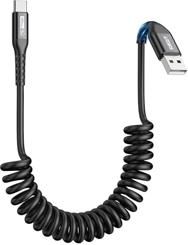 SUNGUY Coiled USB C Cable, 【0.6M-1.5M】 USB to USB C Cable for Android Auto,Galaxy S24 Ultra S23 FE S22 S21,Google Pixel, Oneplus 6/5, Sony Xperia-Black