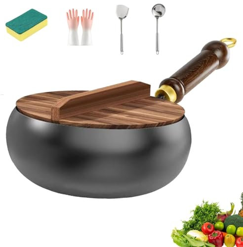Japanische Eisenpfanne, Handgefertigte Unbeschichtete Antihaftpfanne Aus Reinem Eisen, Eisenpfanne Geschmiedet Mit Deckel Kochen, Gasherd Und Induktionsherd zum Kochen, Braten (Deckel aus Holz,28CM)