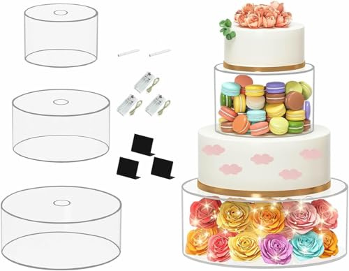 OUGPIU Présentoir à Gâteau,3 Pièces Planches Gâteaux en Acrylique pour Table à Dessert Cupcakes Fleurs,Cylindre Transparent Remplissable Rond avec LED Décoratif pour Anniversaire,Mariage et Fête