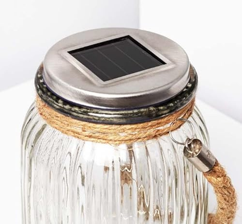 Solar Mason Jar Light with 50 LED Lights, Decorative Glass Lantern with Hemp Rope Handle, 11 cm x 15.5 cm