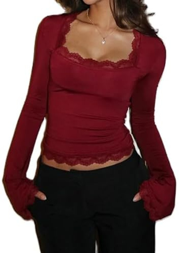 Women's Lace Trim Square Neck T Shirt Y2K Long Bell Sleeve Slim Fit Basic Crop Tops Blouse Fairy Aesthetic Tee Shirts Streetwear