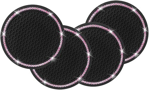 Zodazoqa 4 Pack Car Coasters, Universal Vehicle Bling Car Coaster | Black Pink, pink car accessories for Cup Holders,Interior Accessories 2.75'' Silicone Anti Slip Car Coasters for Women
