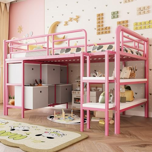 Metallbett Etagenbett 90x200, Kinderbett Hochbett mit Treppe&große Schubladen&Lagerregal, Halbhochbett Funktionsbett Einzelbett Stockbett Spielbett Jugendhochbett mit Lattenrost, Ohne Matratze, Rosa