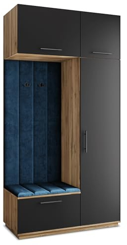 Masseno Flugarderoben Set Rema, Kleiderschrank-Set mit Sitzbank, Garderobenschrank Flur mit 5 Regalböden, Eiche Wotan/Schwarz