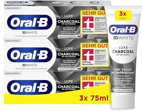 Oral-B 3D White Zahnpasta, Luxe Charcoal, 75ml X 3 | Entfernt Bis Zu 100% Der Verfärbungen, Zahnschmelzschonend, Mit Aktivkohle