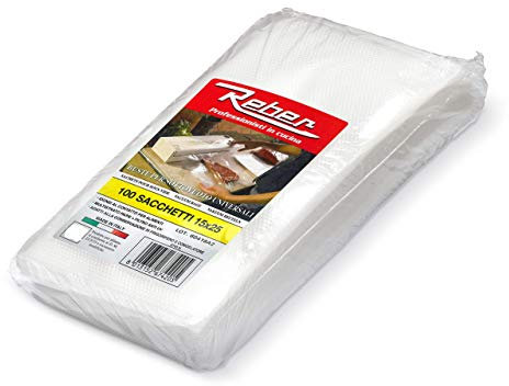 Reber Sacchetti Goffrati 6745N per sottovuoto, 15x25 cm, 105 micron, anti-UV, 100pz., trasparente