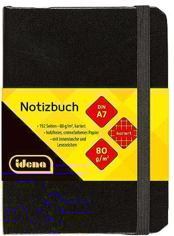 Idena 209283 - Notizbuch DIN A7, kariert, Papier cremefarben, 192 Seiten, 80 g/m², Hardcover in Schwarz