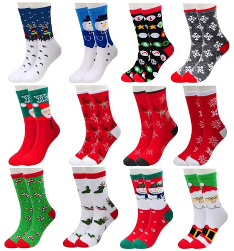 Vertvie 12 Paar Unisex Weihnachtssocken Christmas Socks Weihnachtsmotiv Weihnachten Festlicher Baumwolle Socken Mix Design für Damen und Herren (Einheitsgröße, 12er Pack06)