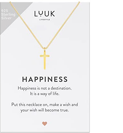 LUUK LIFESTYLE Halskette aus 925er Sterlingsilber mit Kruzifix Anhänger und HAPPINESS Geschenkkarte, Glücksbringer, christliches Kreuz, Schutz vor dem Bösen, schlichtes klassisches Aussehen, Gold