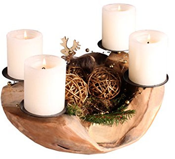 GARDENho.me Deko Schale Teakholz Adventskranz Ø 20-25 cm mit 4 Kerzenpicks