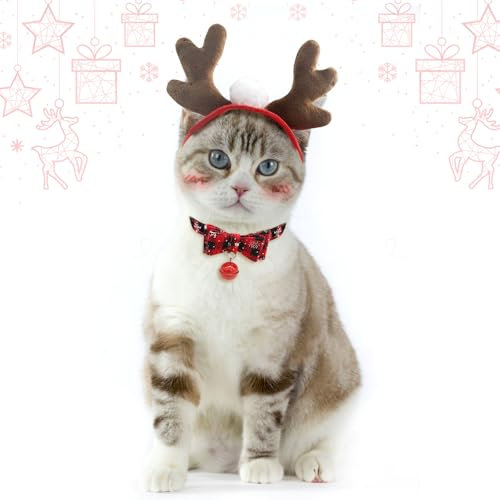 PETLESO Katzen Weihnachtskostüm Weihnachten Geweih-Kopfbedeckung und Katzenhalsband für Katzen Welpen Weihnachtsoutfit Weihnachten für Katzen/Kleiner Hund