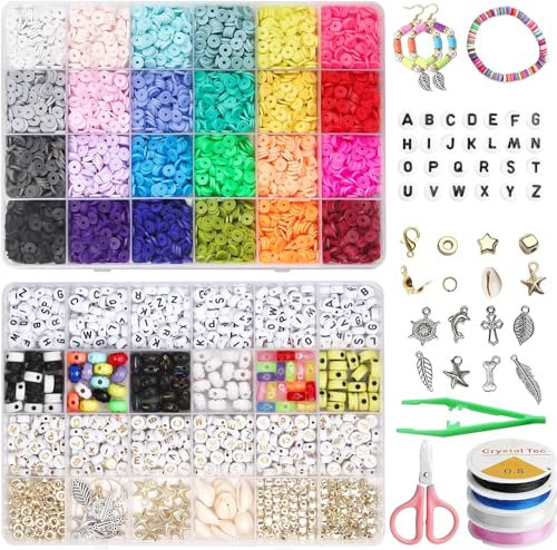 FEMBW 7048 Stück Heishi Perlen Set zum Auffädeln mit Buchstaben, Smiley Perlen und Anhänger Armbänder Selber Machen,24 Farben Flache Polymer Clay Perlen für Halsketten-Ohrring DIY Handwerk