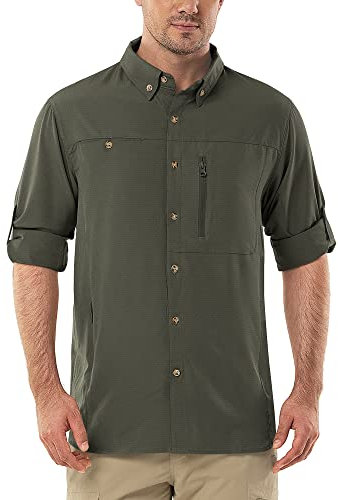 Outdoor Ventures Men's Long Sleeve Safari Shirt UV Protection Hiking Shirts Quick Drying Roll-Up Button Down Shirts with 3 Pockets for Walking Fishing Green XL
