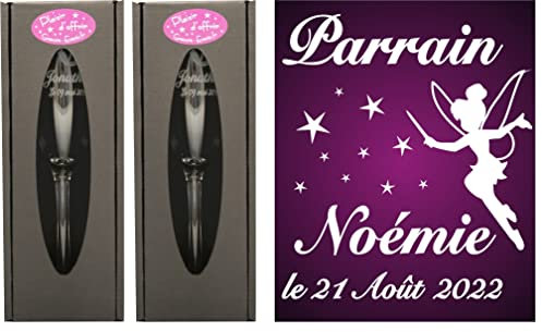 Lot : 1 Flûte PARRAIN + 1 MARRAINE (ou 2 Parrain ou 2 Marraines au choix) - Flûtes à Champagne Gravées Modèle Fée avec 2 Boîtes Cadeaux - Baptême de votre enfant - Cadeau Parrain Marraine personnalisé