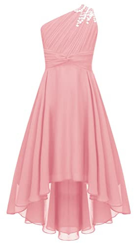 Aislor Enfant Fille Robe de Princesse Cocktail Une Épaule Strass Robes de Cérémonie Fete Carnaval Fille Robe de Demoiselle d'honneur Chic Rose 13-14 Ans